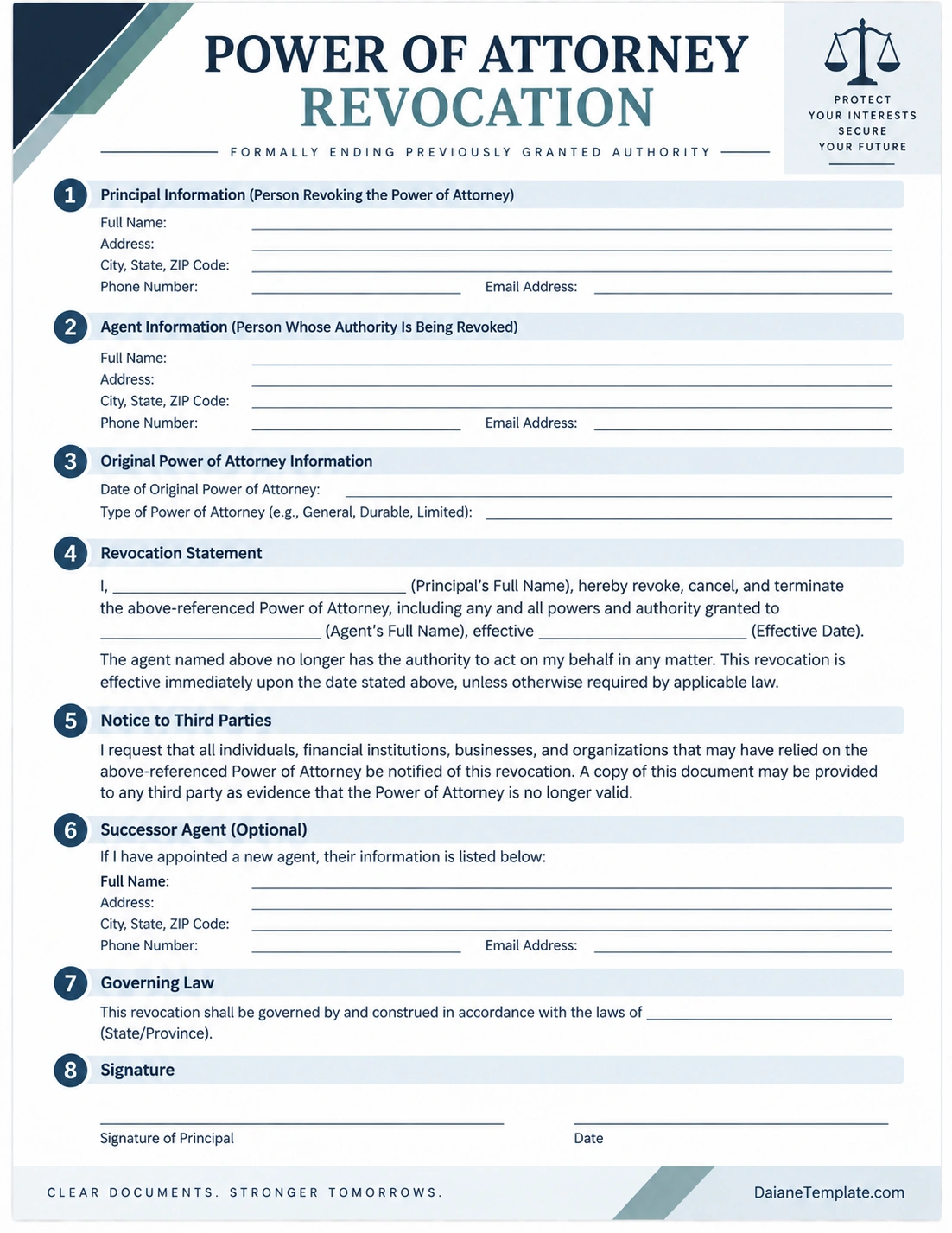 Printable power of attorney revocation form template with principal information, agent details, original power of attorney information, revocation statement, third-party notice, successor agent, governing law, and signature