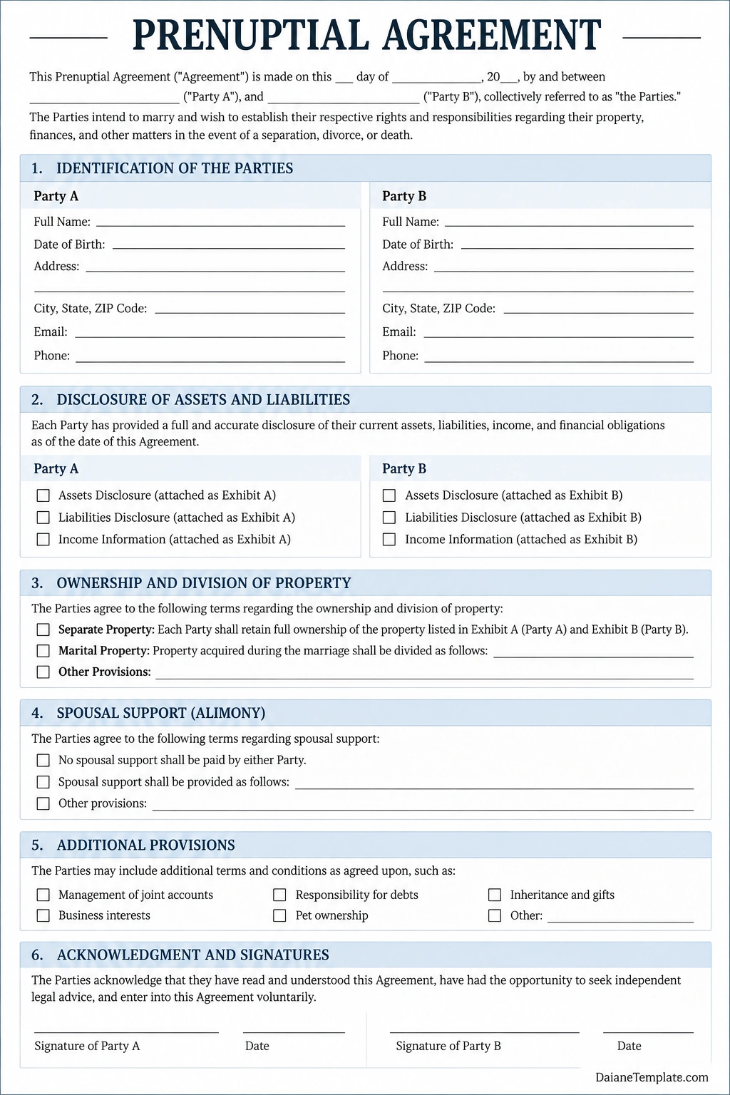 Printable prenuptial agreement template with party identification, asset and liability disclosure, property division, spousal support, additional provisions, and signature sections