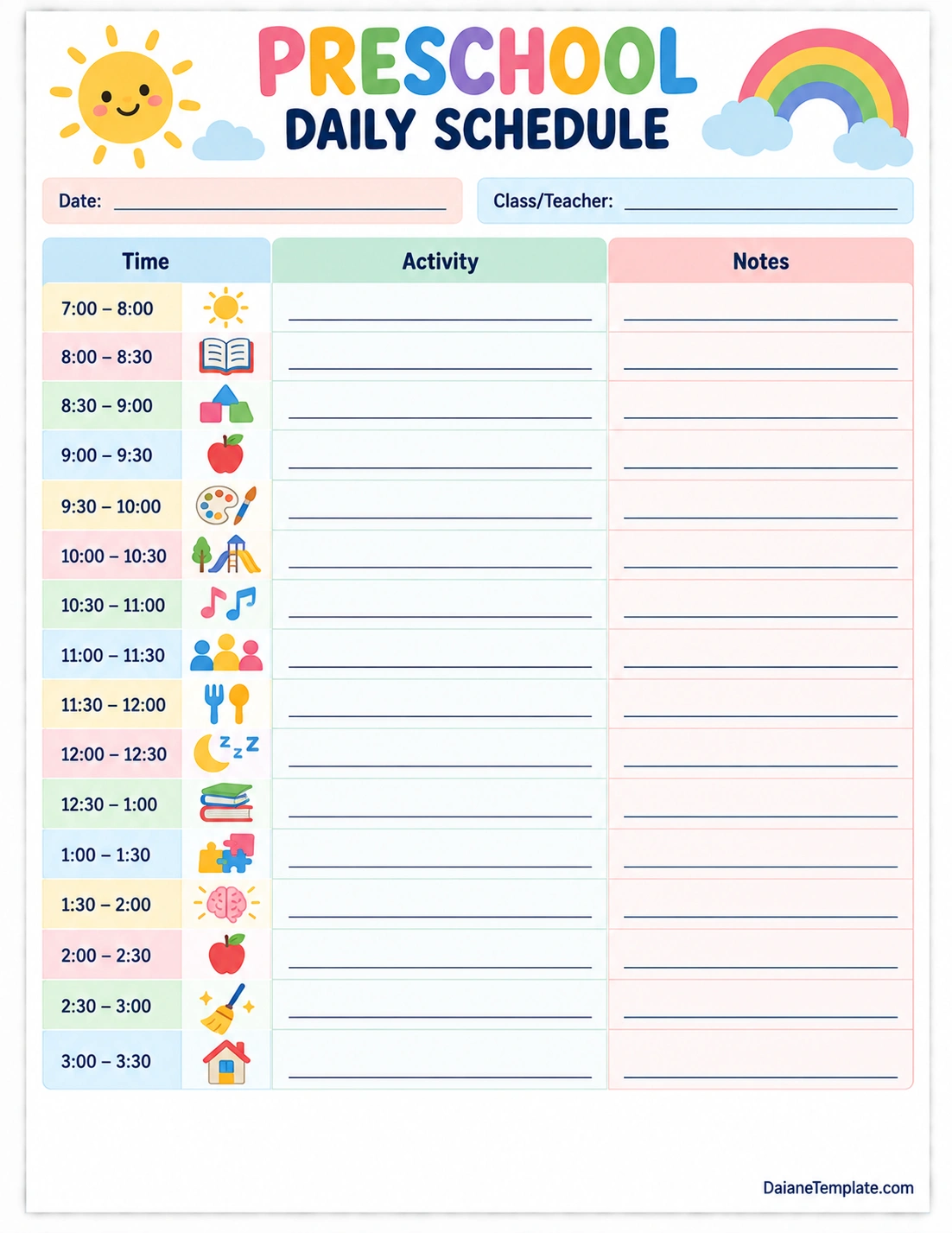 Preschool Daily Schedule Template Printable preschool daily schedule template with time, activity, and notes sections for classroom routines