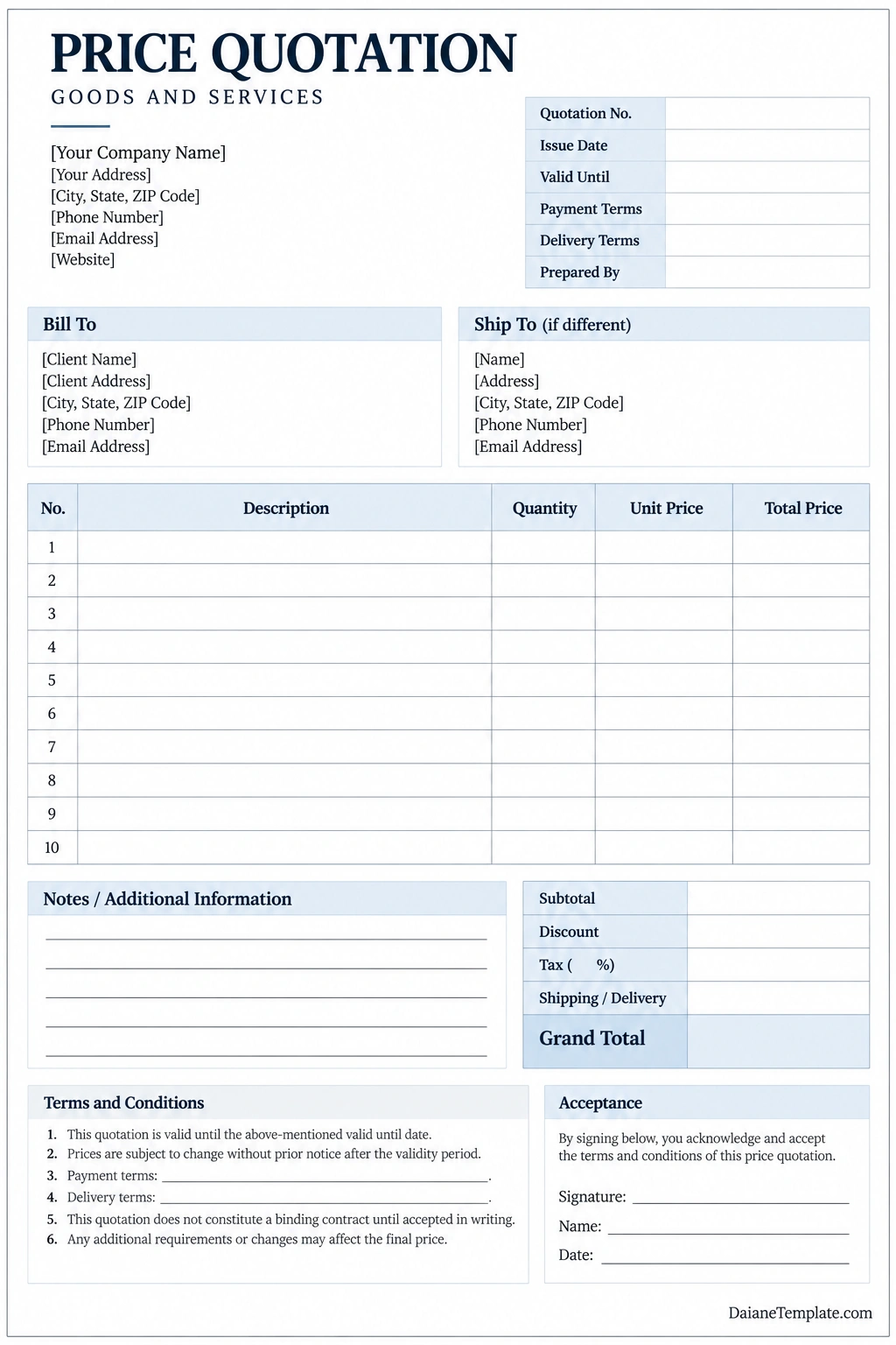 Printable price quotation template with business and customer details, quotation number, validity date, itemized product or service table, quantities, unit prices, totals, payment terms, notes, and customer acceptance fields.