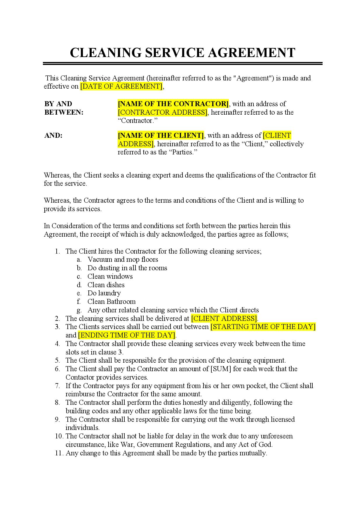 Printable Cleaning Service Agreement Template