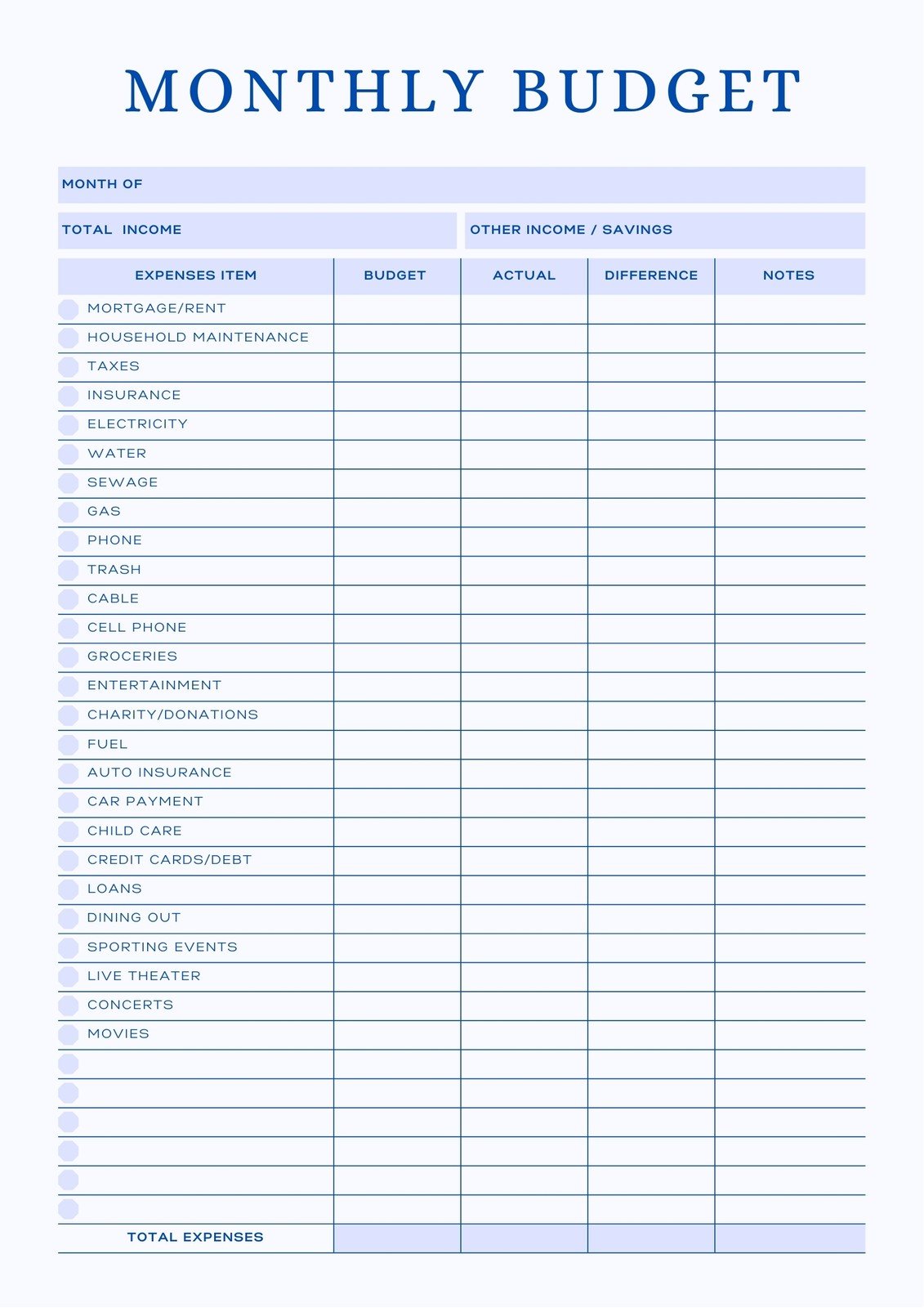 Printable Expenses Budget Template
