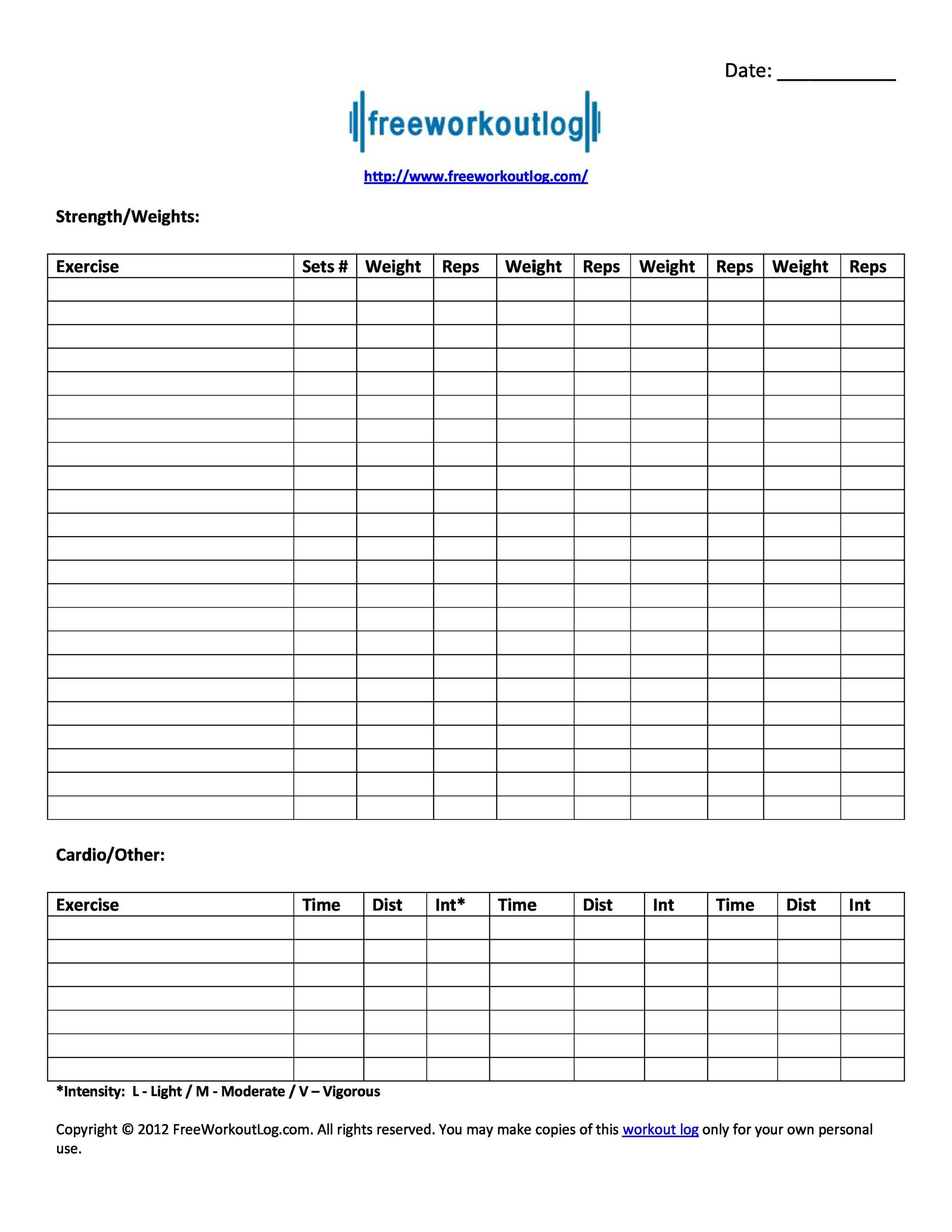 Printable Fitness Log Template Printable Fitness Log Template