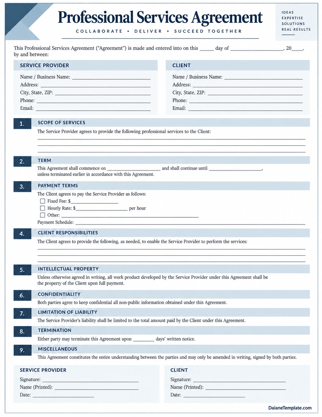 Professional Services Agreement Template Professional Services Agreement Template with service scope, payment terms, responsibilities, confidentiality, and signature sections