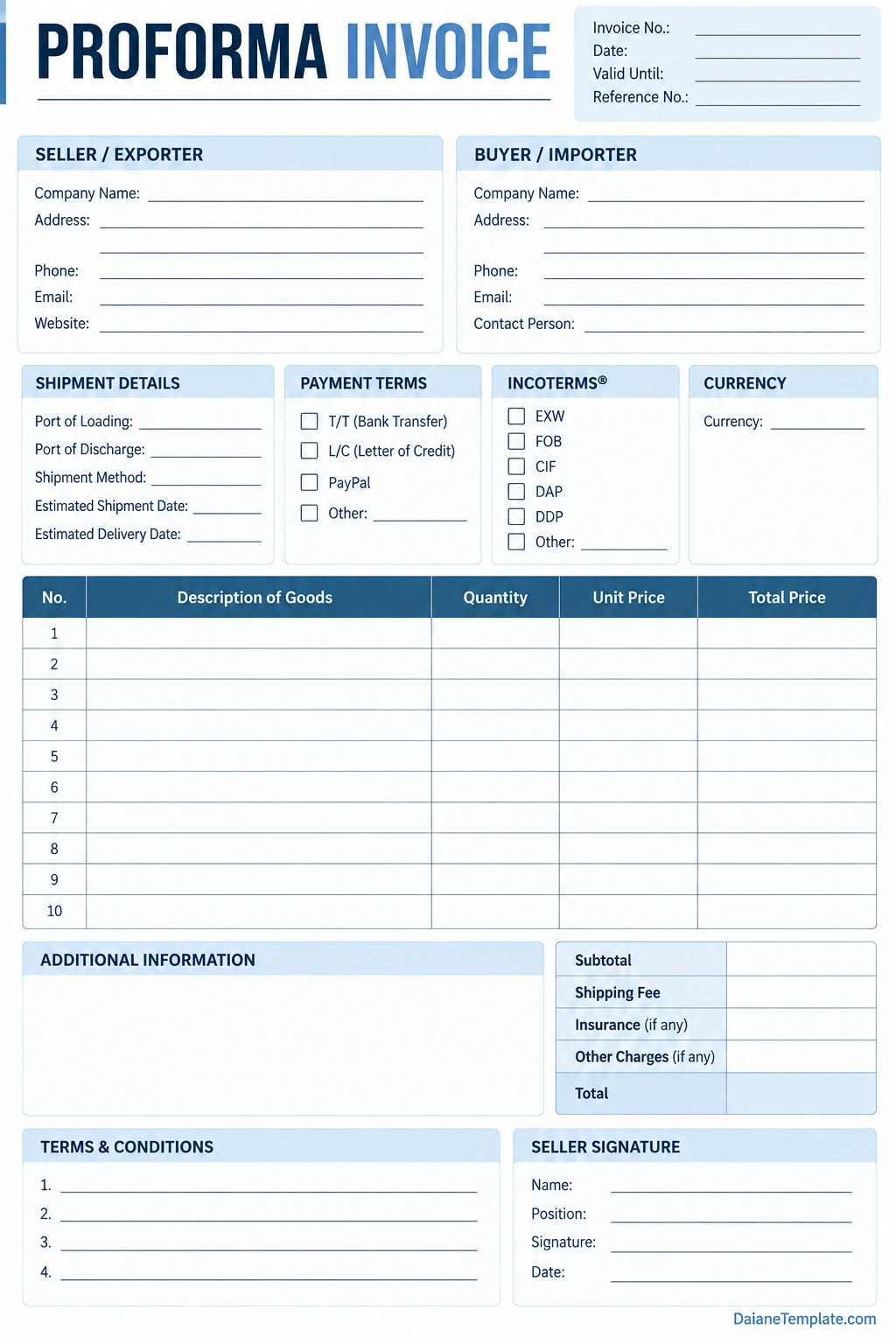 Proforma Invoice Template Printable proforma invoice template with seller and buyer details, shipment information, payment terms, itemized goods table, totals, and terms
