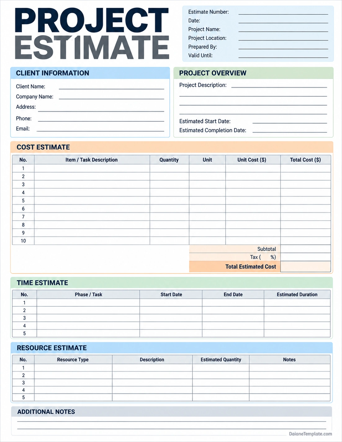 Project Estimate Template Project estimate template with project details, cost estimate, time estimate, resource estimate, and additional notes sections