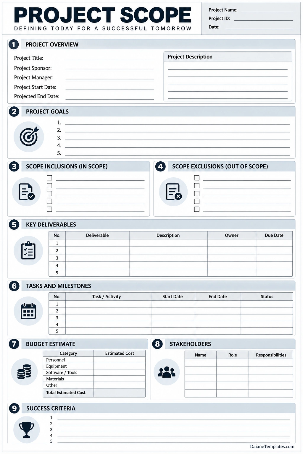 Printable project scope template with sections for project overview, goals, scope inclusions and exclusions, deliverables, milestones, budget, stakeholders, and success criteria