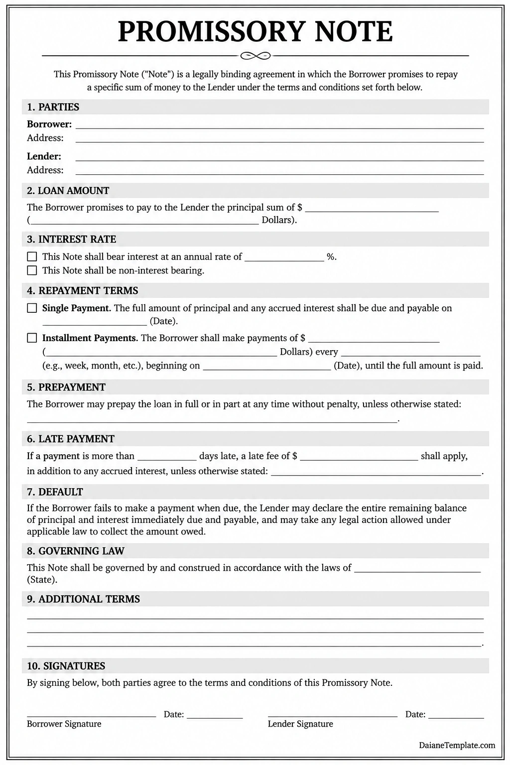 Printable promissory note template with blank fields for borrower and lender details, loan amount, interest rate, repayment terms, and signatures