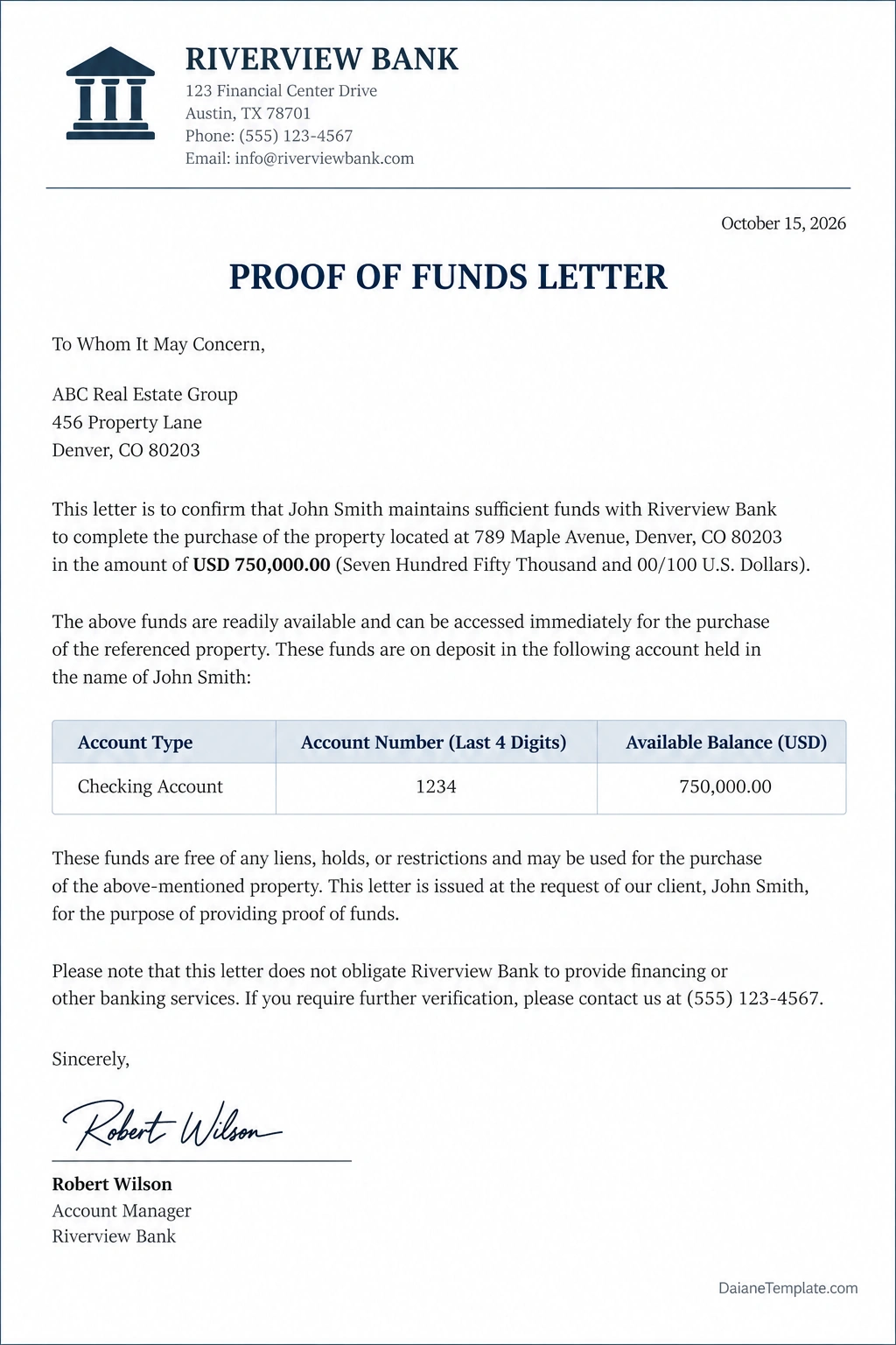 Sample proof of funds letter on a professional white document with navy and gray accents, showing a financial institution letterhead, verified available balance, account summary, recipient details, and authorized signature