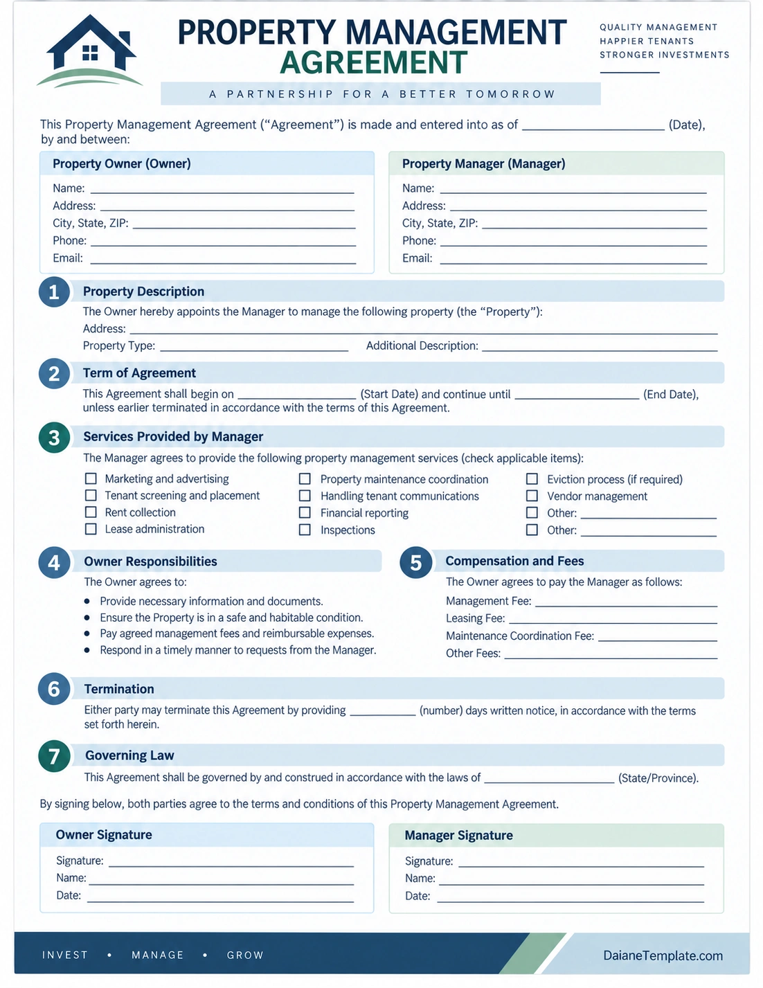 Property Management Agreement Template Printable property management agreement template with owner and manager information, property description, management services, owner responsibilities, fees, termination, governing law, and signatures