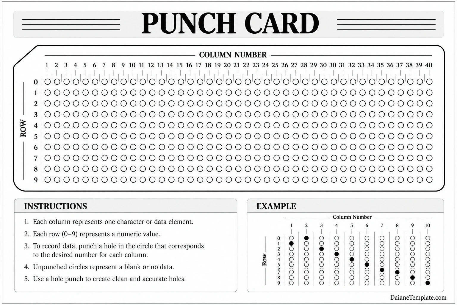 Punch Card Template with numbered columns, rows, instructions, and sample punched holes