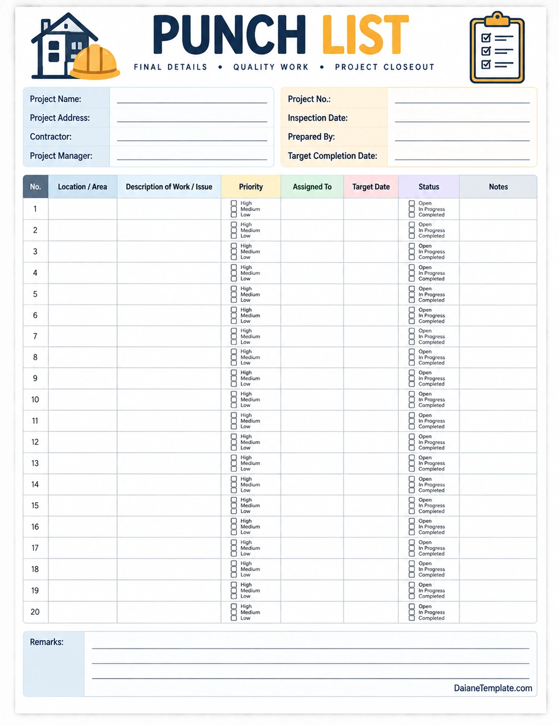 Printable punch list template for tracking construction issues, locations, priorities, assignments, target dates, and completion status