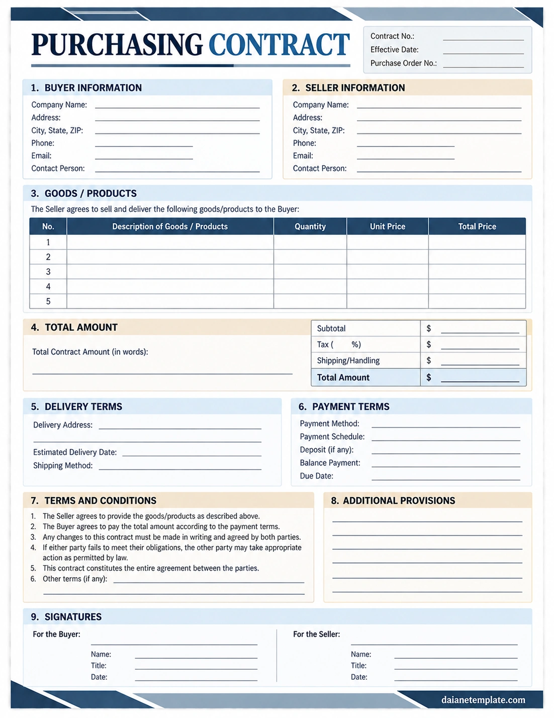 Purchasing Contract Template Purchasing Contract Template with buyer and seller information, product details, pricing, delivery terms, payment terms, conditions, and signatures