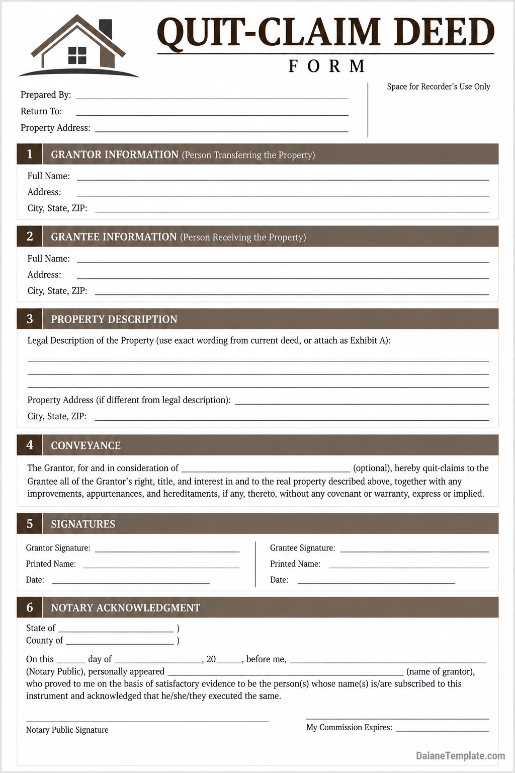 Quit-Claim Deed Form Printable quit-claim deed form with grantor and grantee information, property legal description, conveyance language, signature fields, and notary acknowledgment section