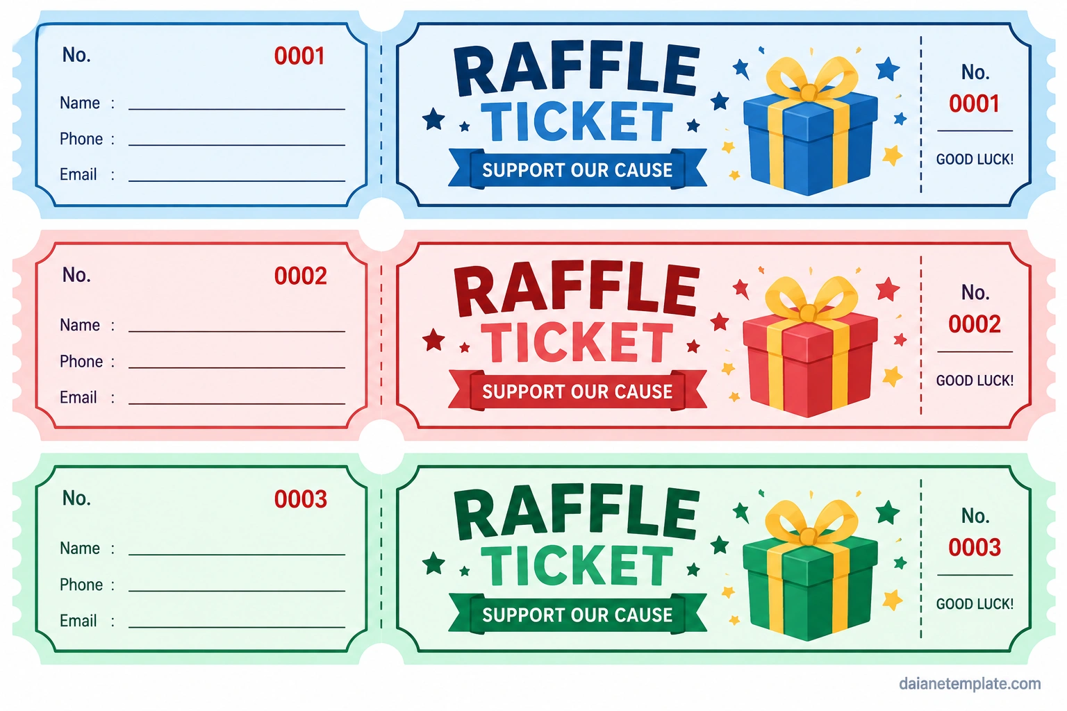 Raffle Ticket Template Printable raffle ticket template with numbered ticket stubs, name, phone, email, and raffle entry information