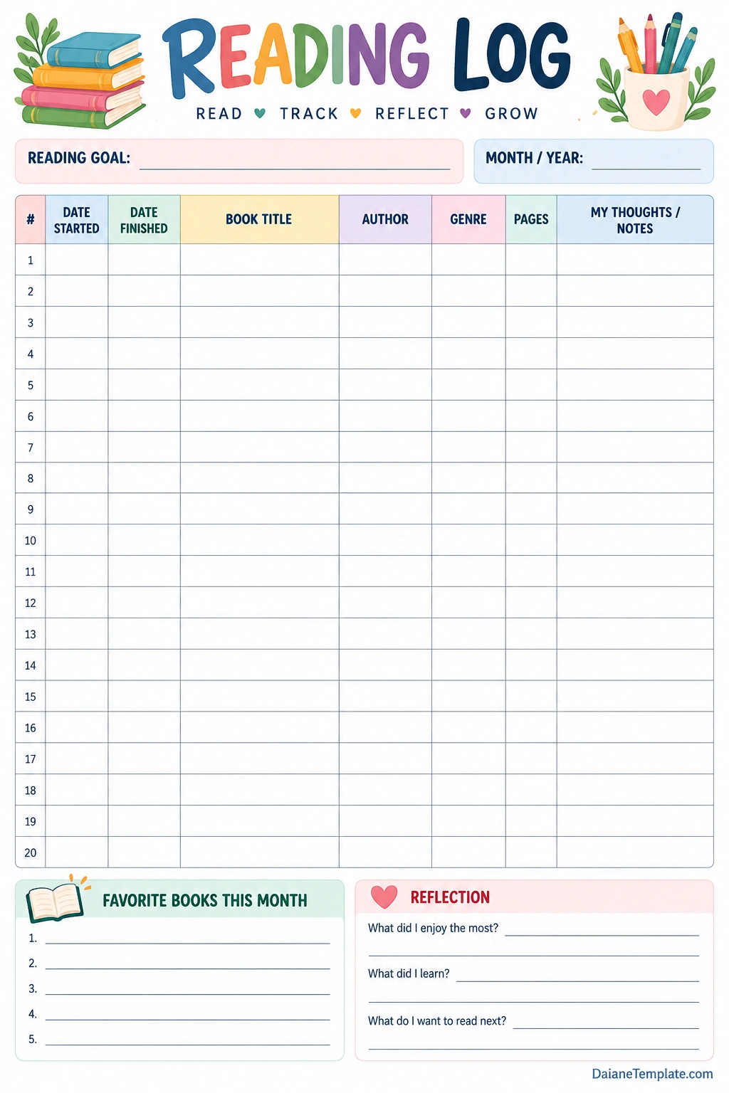 Reading Log Template Printable reading log template with reading goals, book tracking table, favorite books, and reflection sections
