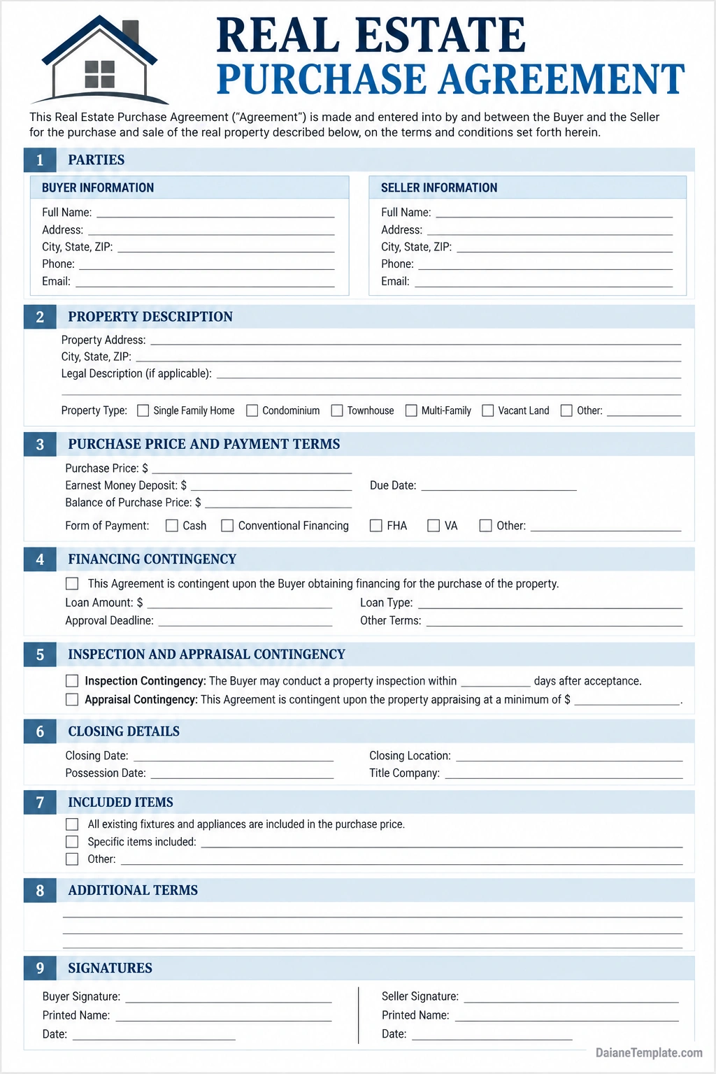 Real Estate Purchase Agreement Template Printable real estate purchase agreement template with buyer and seller information, property description, purchase price, earnest money deposit, financing contingency, inspection and appraisal conditions, closing details, included items, and signature fields