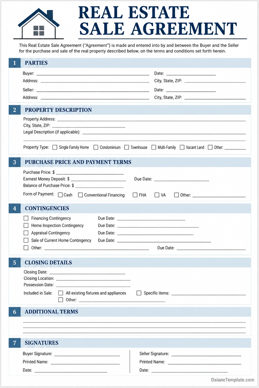 Printable real estate sale agreement template with buyer and seller information, property description, purchase price, deposit, financing terms, contingencies, closing details, additional terms, and signature fields