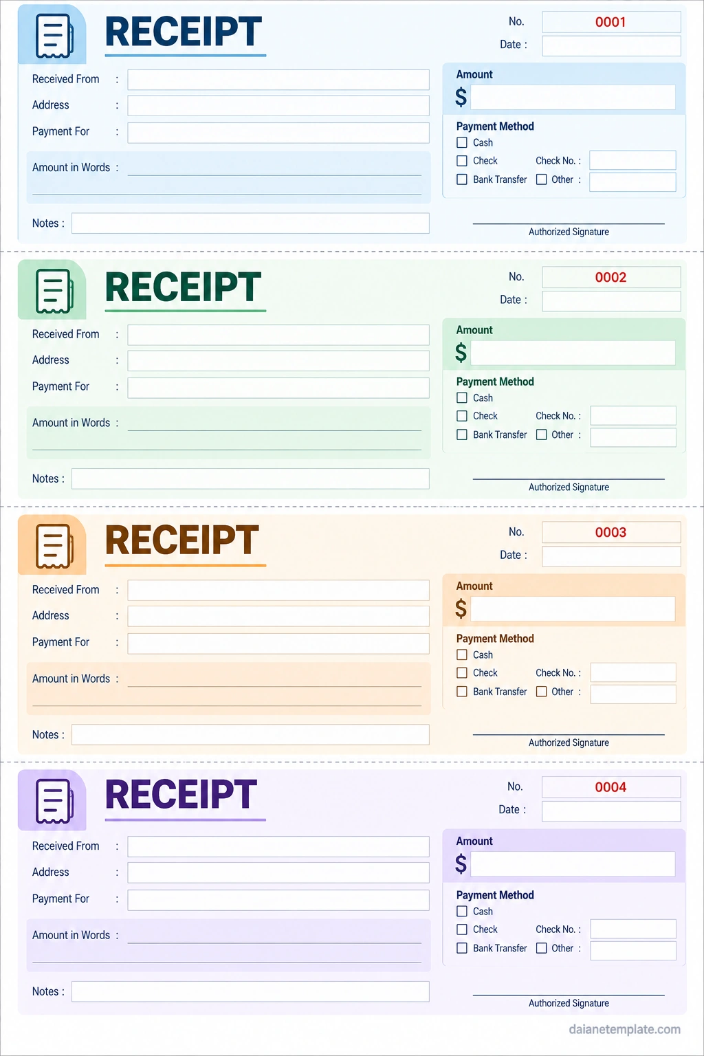 Receipt Book Template Printable receipt book template with receipt number, date, customer information, payment amount, payment method, and signature fields