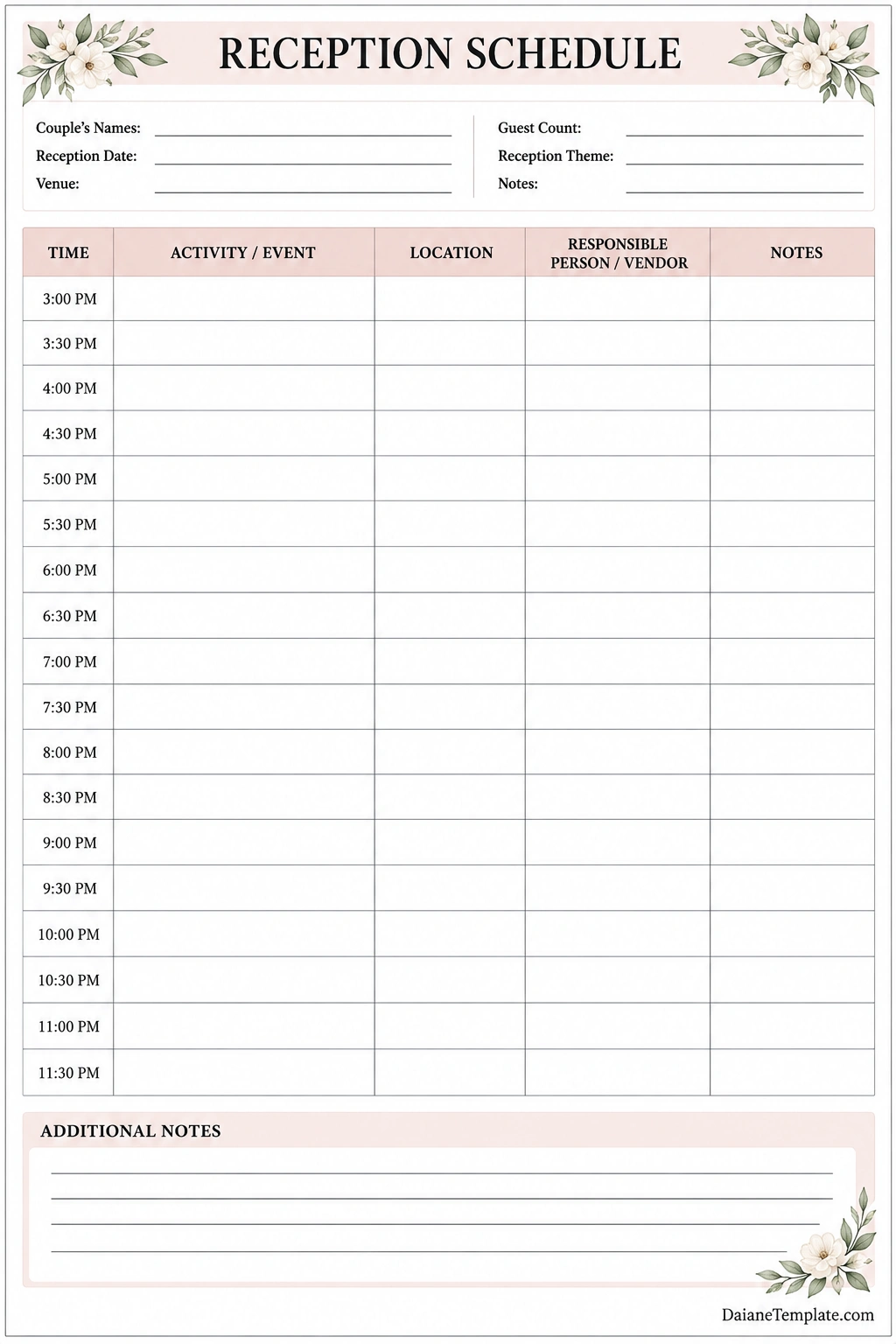 Printable reception schedule template with fields for couple names, reception date, venue, guest count, and a timeline table for activities, times, locations, responsible vendors, and additional notes.