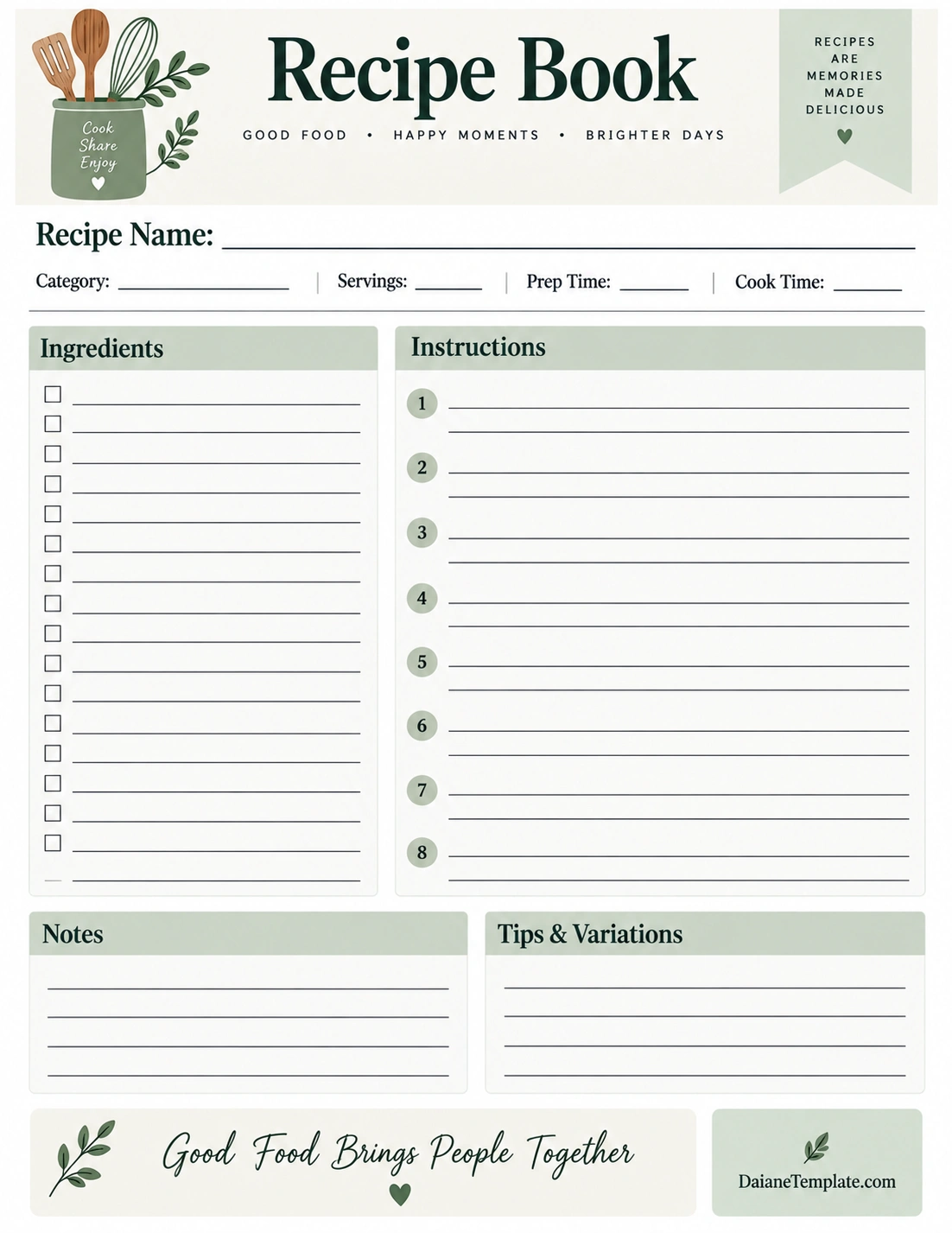 Recipe Book Template Recipe Book Template for organizing ingredients, instructions, notes, and cooking tips