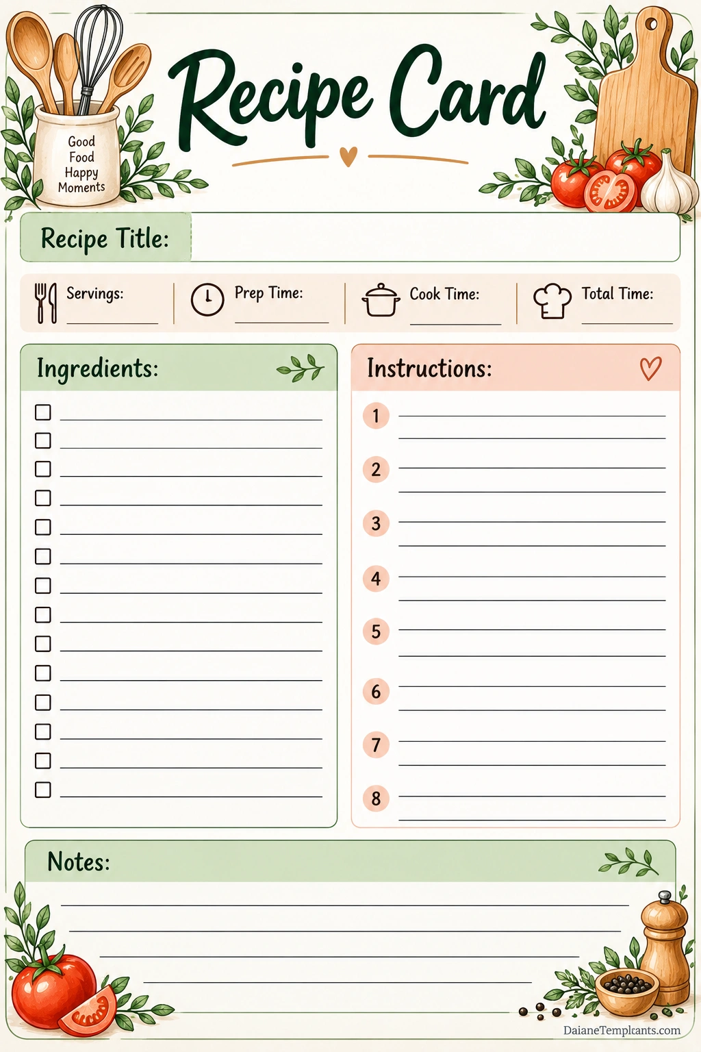 Printable recipe card template with sections for recipe title, ingredients, cooking instructions, preparation time, servings, and notes