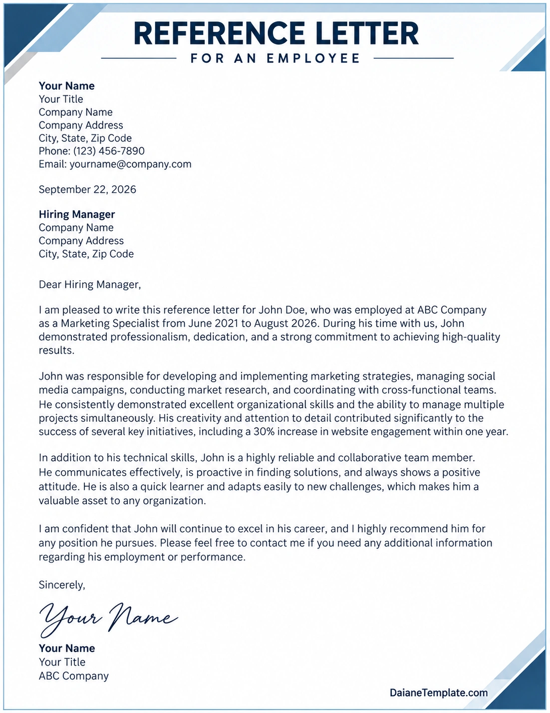 Professional reference letter for an employee sample showing employee qualifications, work experience, professional strengths, achievements, and recommendation