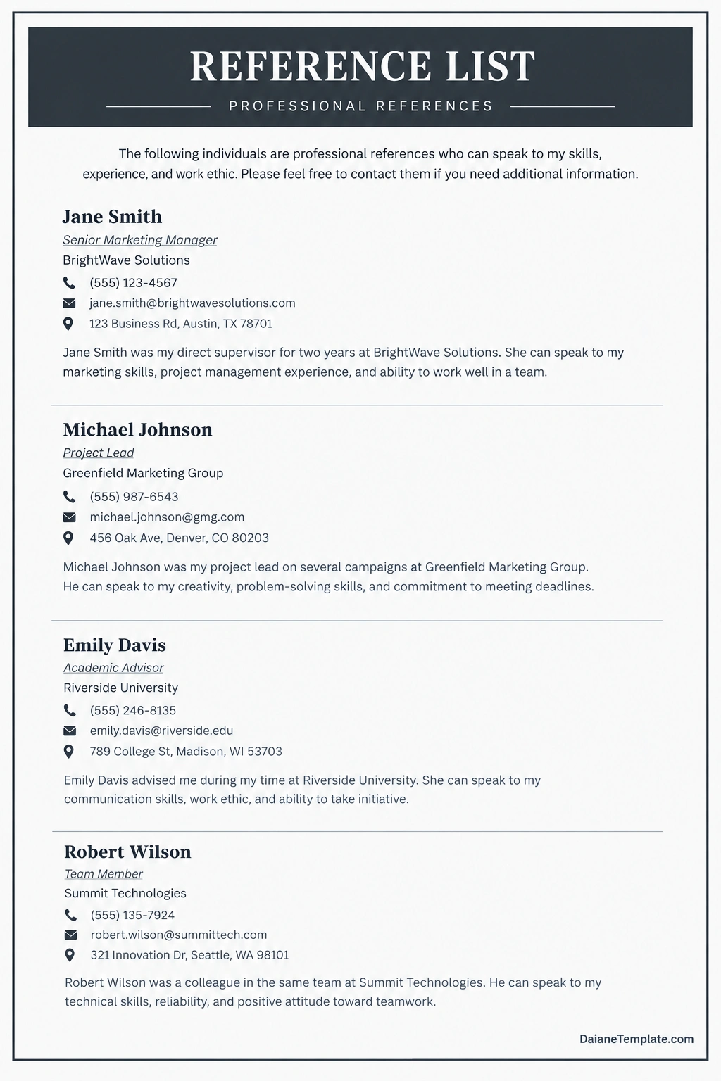 Professional reference list template in black and white featuring reference names, job titles, organizations, phone numbers, email addresses, and professional relationship descriptions