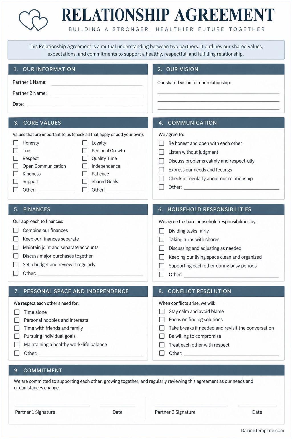Printable relationship agreement template with sections for shared vision, core values, communication, finances, household responsibilities, personal boundaries, conflict resolution, and partner signatures