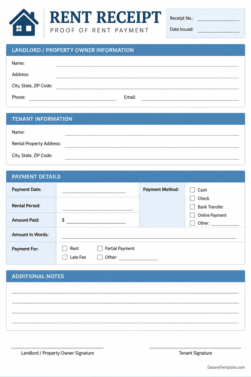 Printable rent receipt template with landlord and tenant information, rental property address, payment date, rental period, amount paid, payment method, additional notes, and signature lines