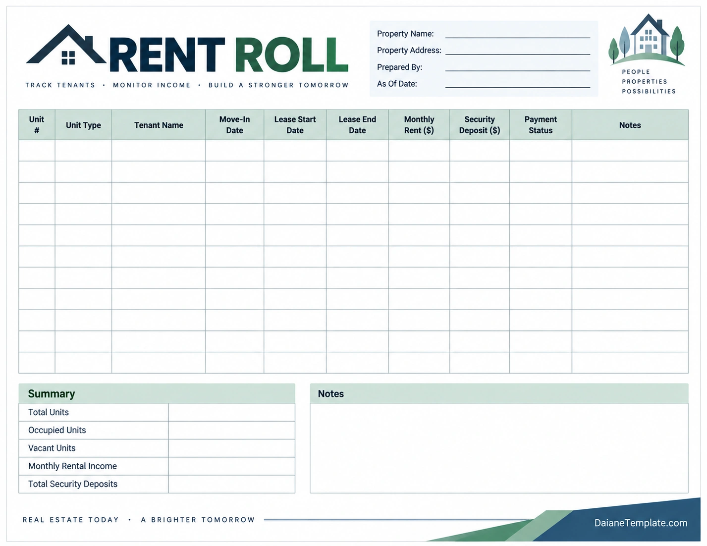 Rent Roll Template Printable rent roll template with unit numbers, tenant names, lease dates, monthly rent, security deposits, payment status, occupancy summary, and notes
