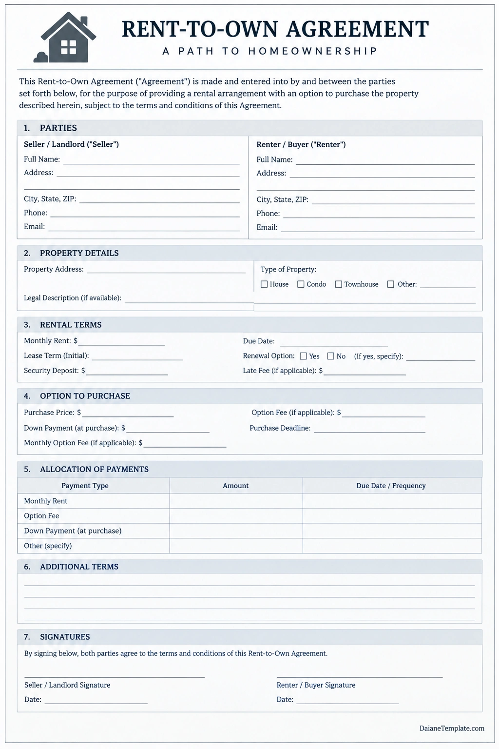 Rent-To-Own Agreement Template Printable rent-to-own agreement template with sections for seller and renter-buyer details, property information, rental terms, purchase option, payment allocation, additional terms, and signatures.