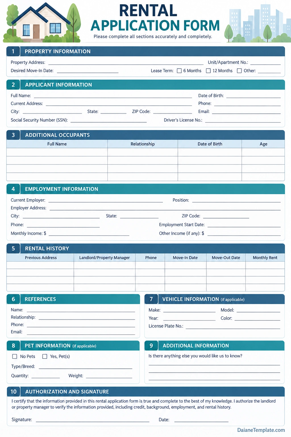 Rental Application Form Printable rental application form template with property, applicant, employment, rental history, references, vehicle, pet, and authorization sections