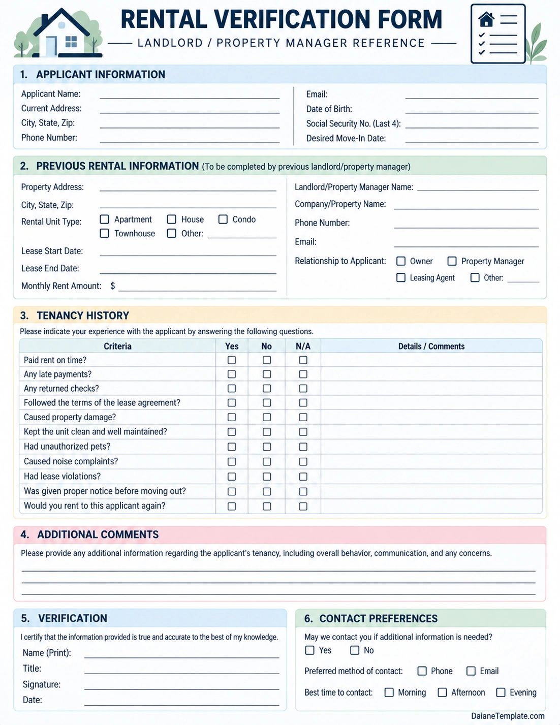 Rental Verification Form Printable rental verification form template with applicant information, previous rental details, tenancy history questions, landlord comments, and verification fields
