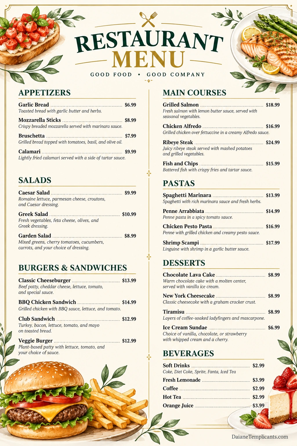 Elegant restaurant menu sample with appetizers, salads, burgers, main courses, pasta, desserts, and beverages, featuring food descriptions and prices on a cream background with green and gold accents