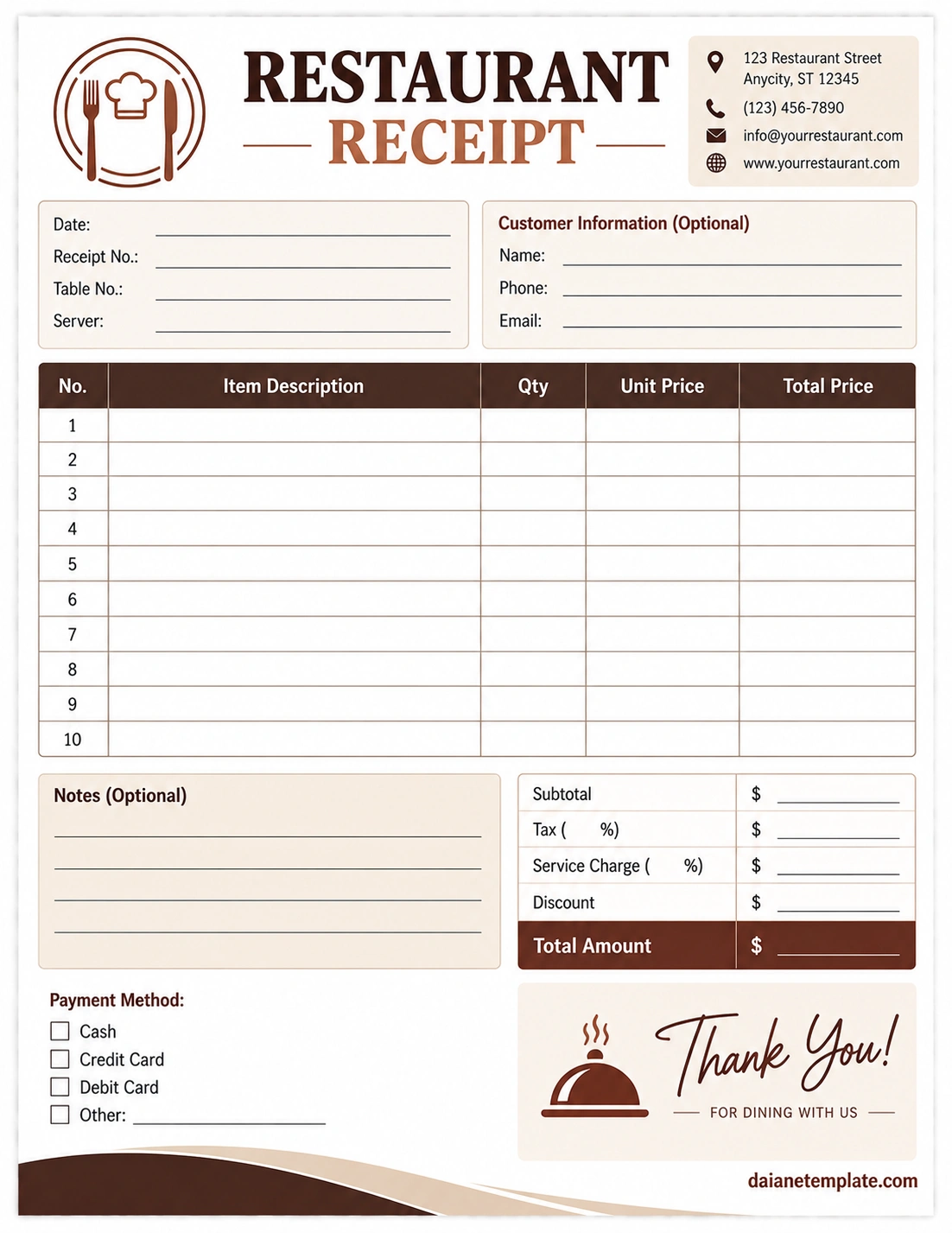 Restaurant Receipt Template with customer information, itemized orders, prices, taxes, service charge, payment method, and total amount
