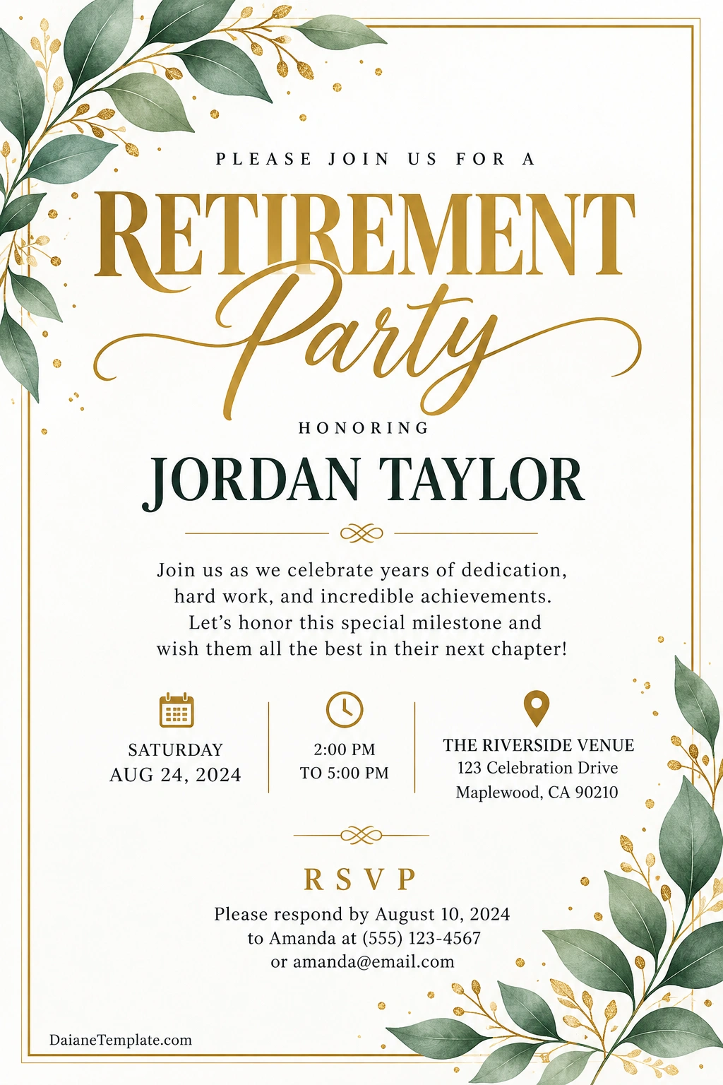 Retirement Party Invitation Template Retirement Party Invitation Template with elegant gold typography, retiree name, event date, time, venue, and RSVP details