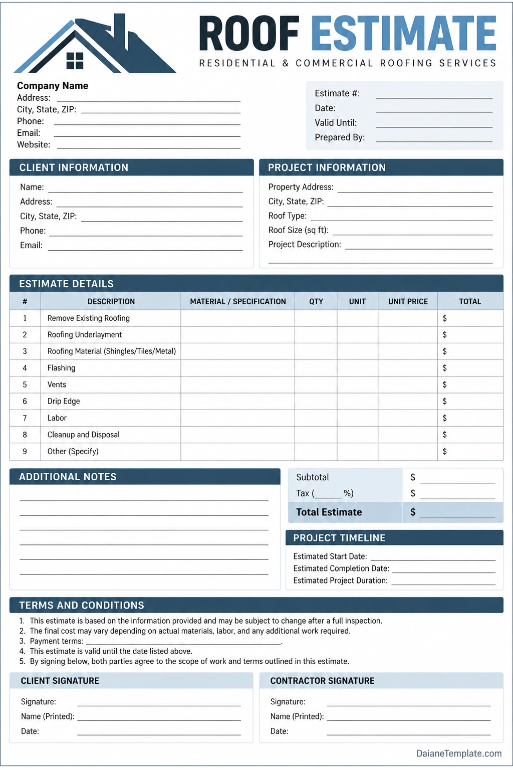 Printable roof estimate template with contractor and client information, project details, roofing materials, labor costs, total estimate, timeline, terms, and signature fields