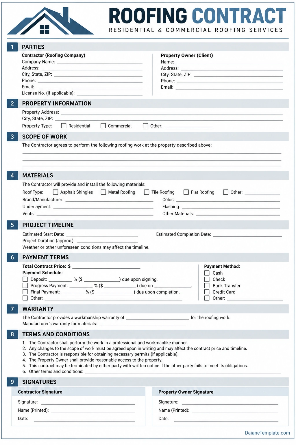 Printable roofing contract template with contractor and homeowner details, scope of work, roofing materials, project timeline, payment terms, warranties, conditions, and signature fields