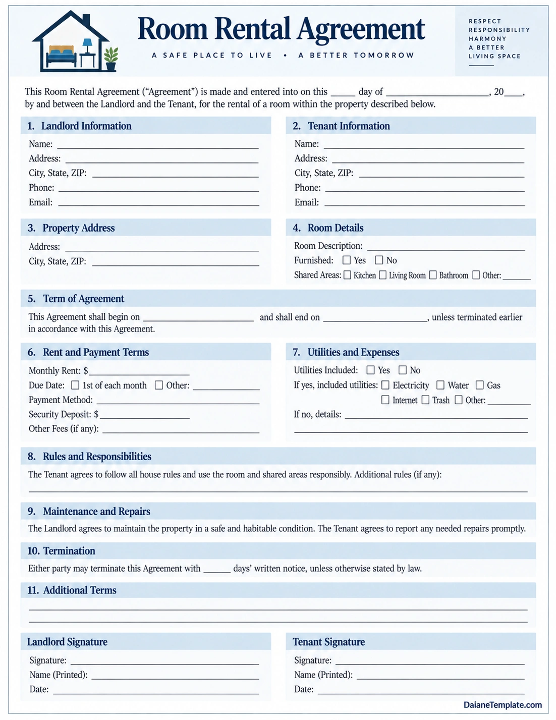 Room Rental Agreement Template Room Rental Agreement Template with landlord and tenant information, rent, utilities, house rules, and signatures