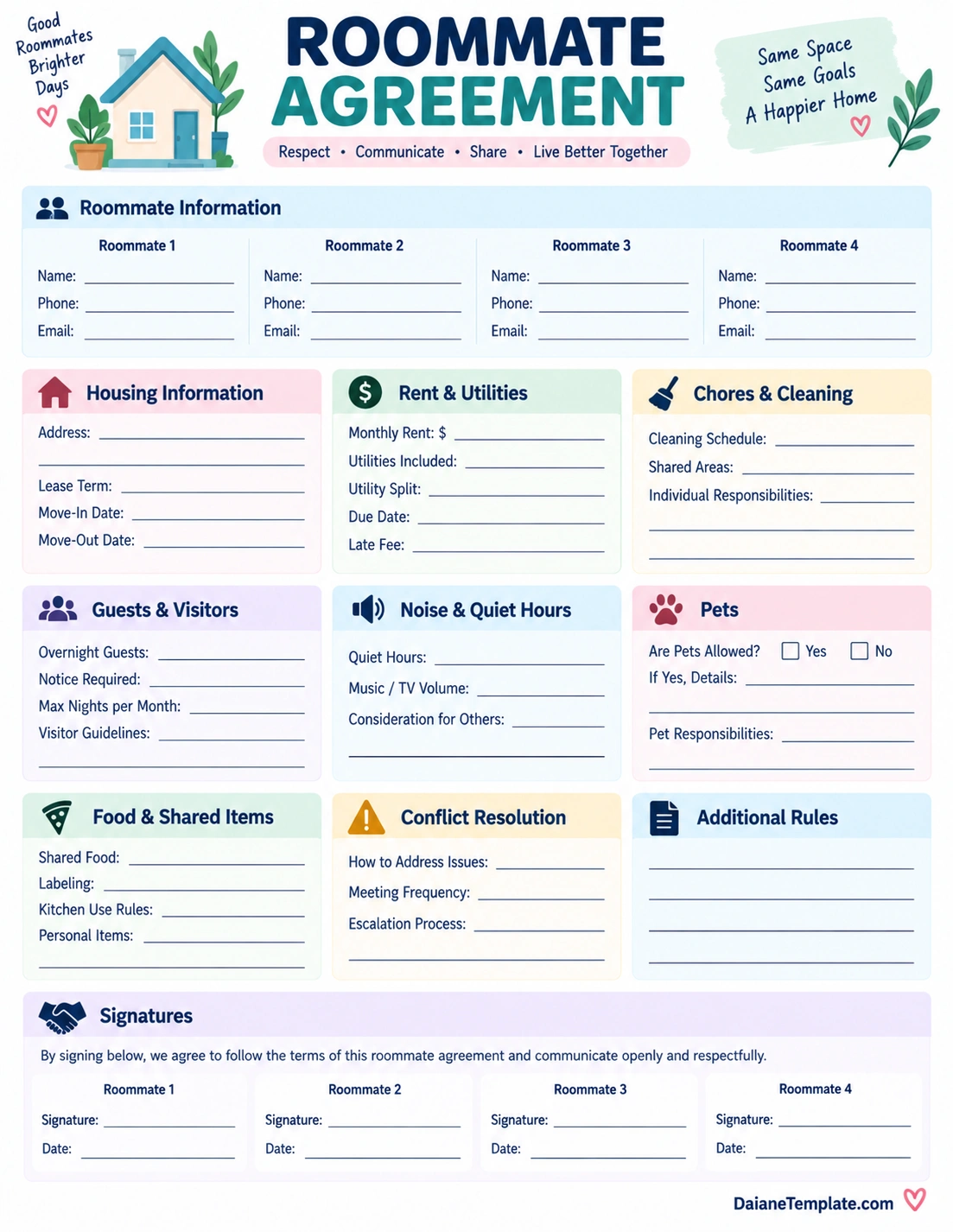 Roommate Agreement Template roommate agreement template with sections for roommate information, housing, rent and utilities, chores, guests, quiet hours, pets, shared items, conflict resolution, rules, and signatures