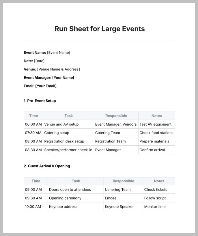 Run of Show Template Example Run of Show Template Example