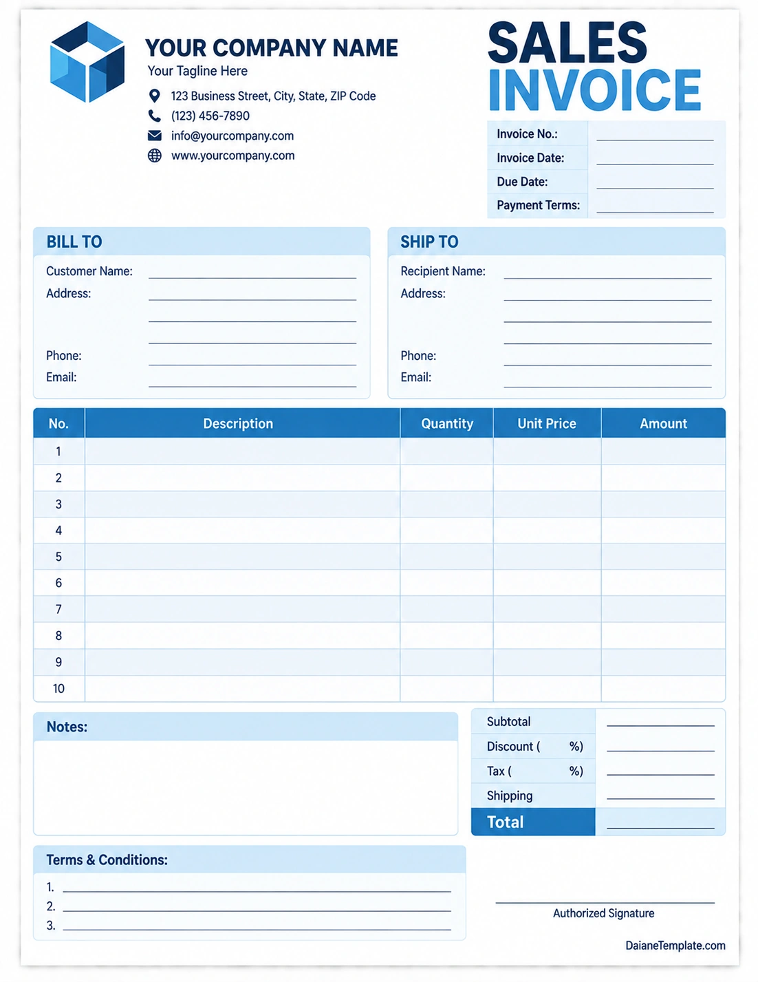 Printable sales invoice template with customer details item descriptions quantities prices tax total and payment terms
