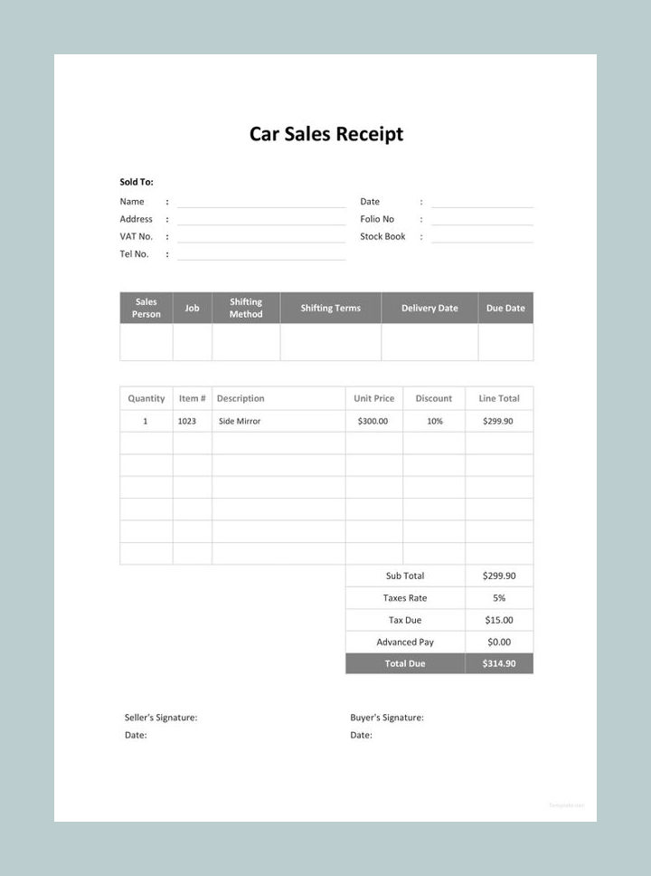 Sample Car Sales Receipt Template Sample Car Sales Receipt Template