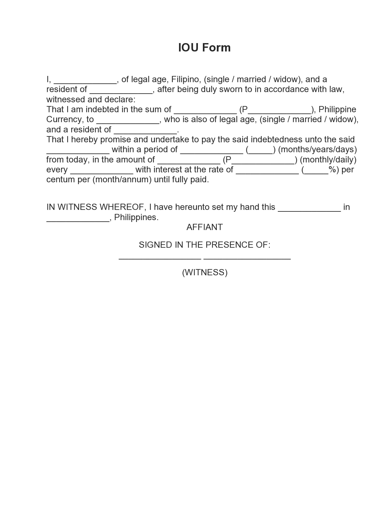 Sample IOU Template Sample IOU Template