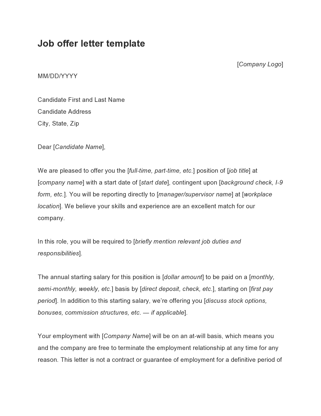 Sample Job Offer Letter Template Sample Job Offer Letter Template