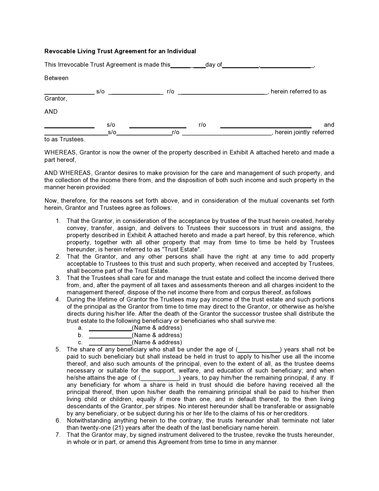 Sample Living Trust Form Sample Living Trust Form