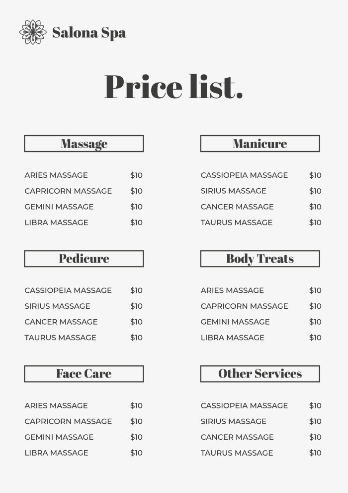 Sample Massage Price List Template Sample Massage Price List Template