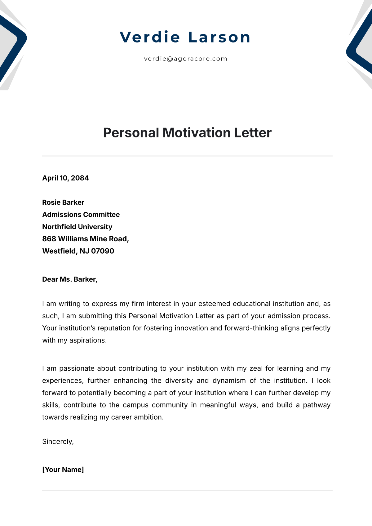 Sample Motivation Letter Sample Motivation Letter