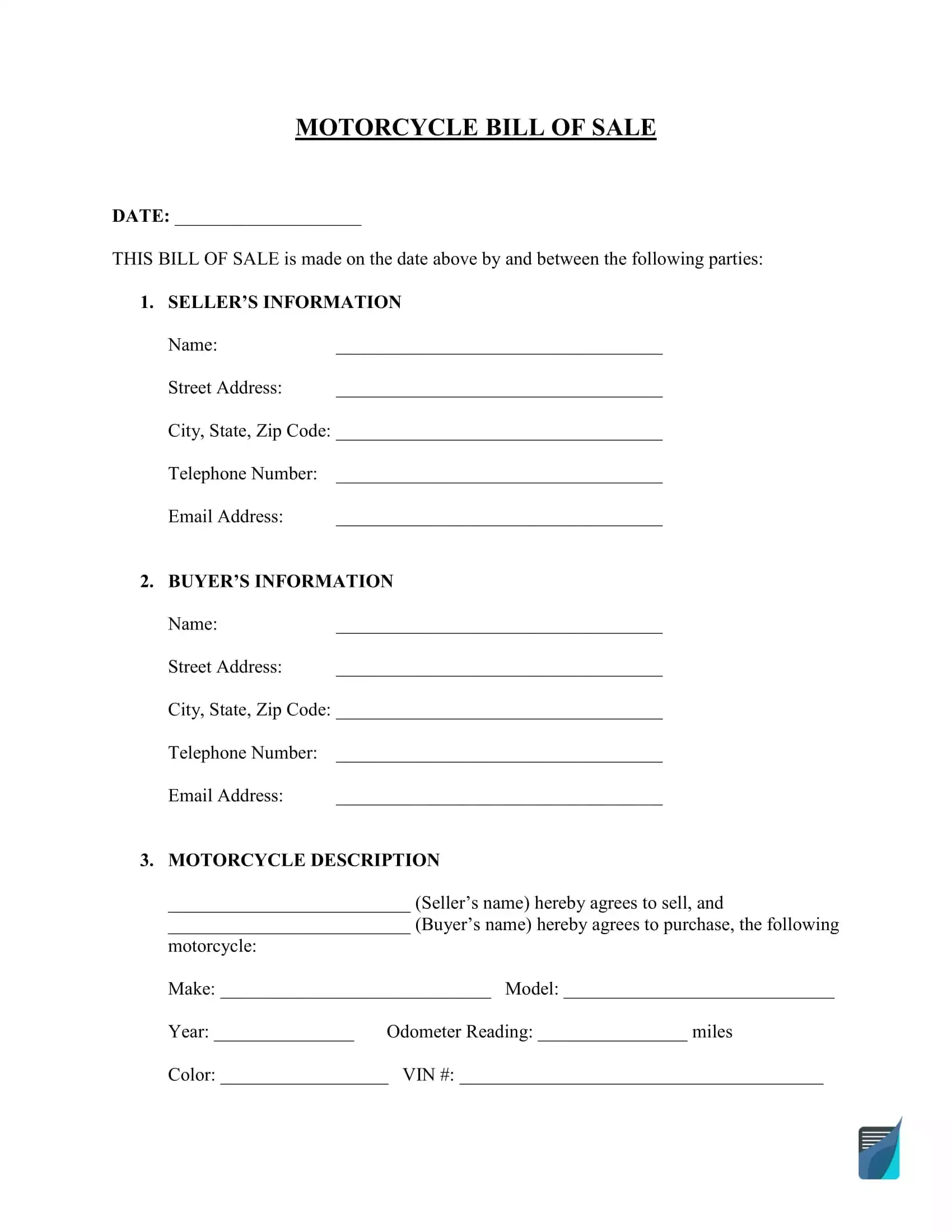 Sample Motorcycle Bill of Sale Template Sample Motorcycle Bill of Sale Template